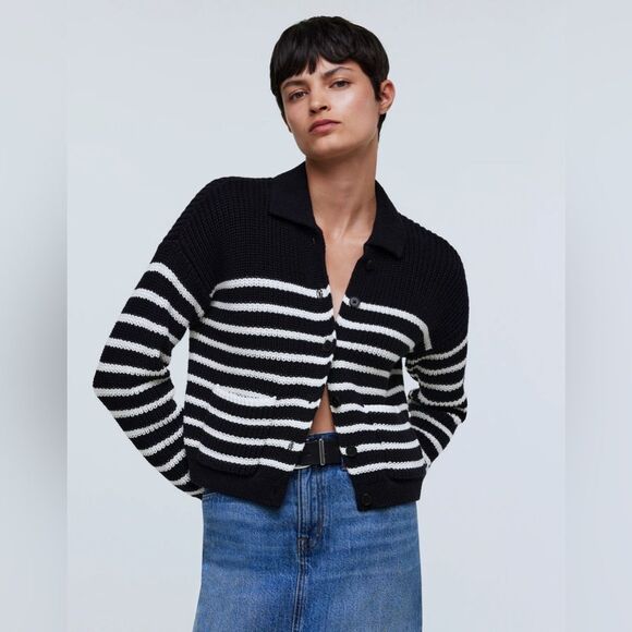 NEW MADEWELL Ribbed Polo Cardigan Sweater in “True Black” stripe - Picture 2 of 9